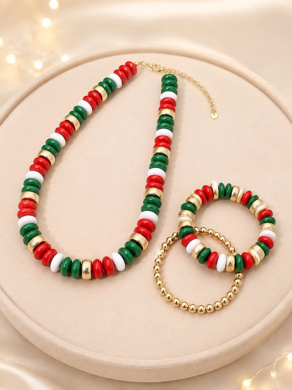 NEW Disc Beaded Red Green White + Gold Necklace & Bracelet Christmas Holiday SET